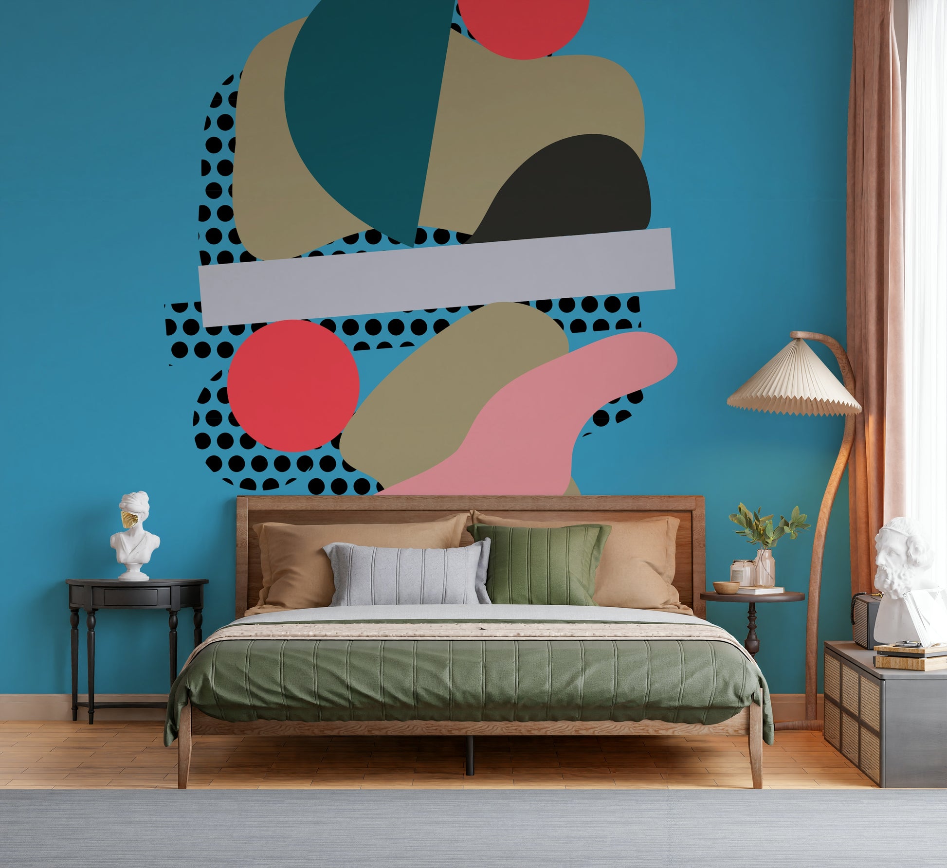 A modern wallpaper with balanced organic forms and bold circles layered over a bright blue backdrop.