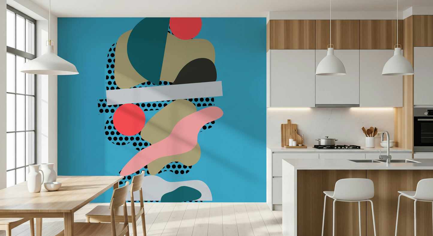 Artful modern shapes in teal, coral, beige, and black arranged in a harmonious abstract wallpaper design.