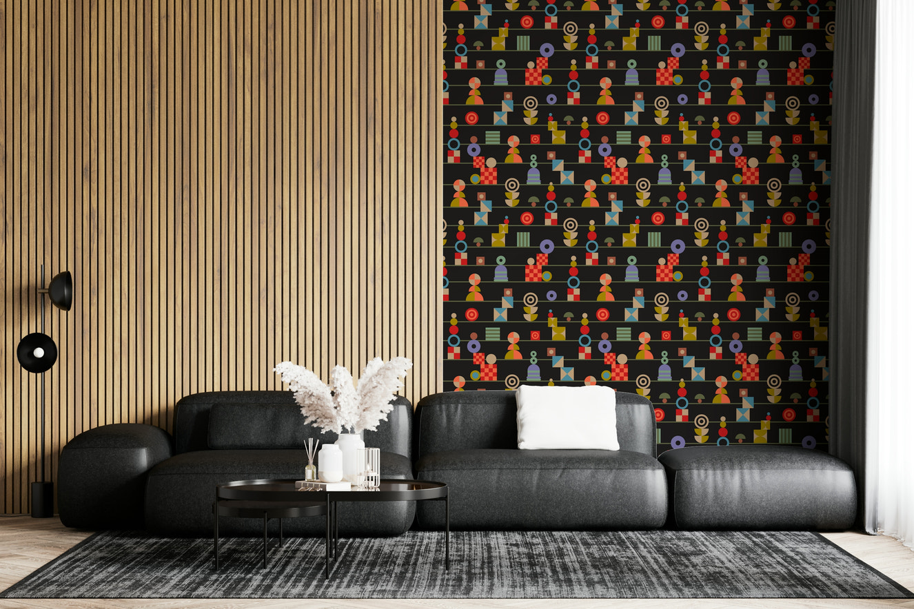 A retro geometric wallpaper featuring stacked colorful shapes arranged in horizontal stripes on a charcoal background.