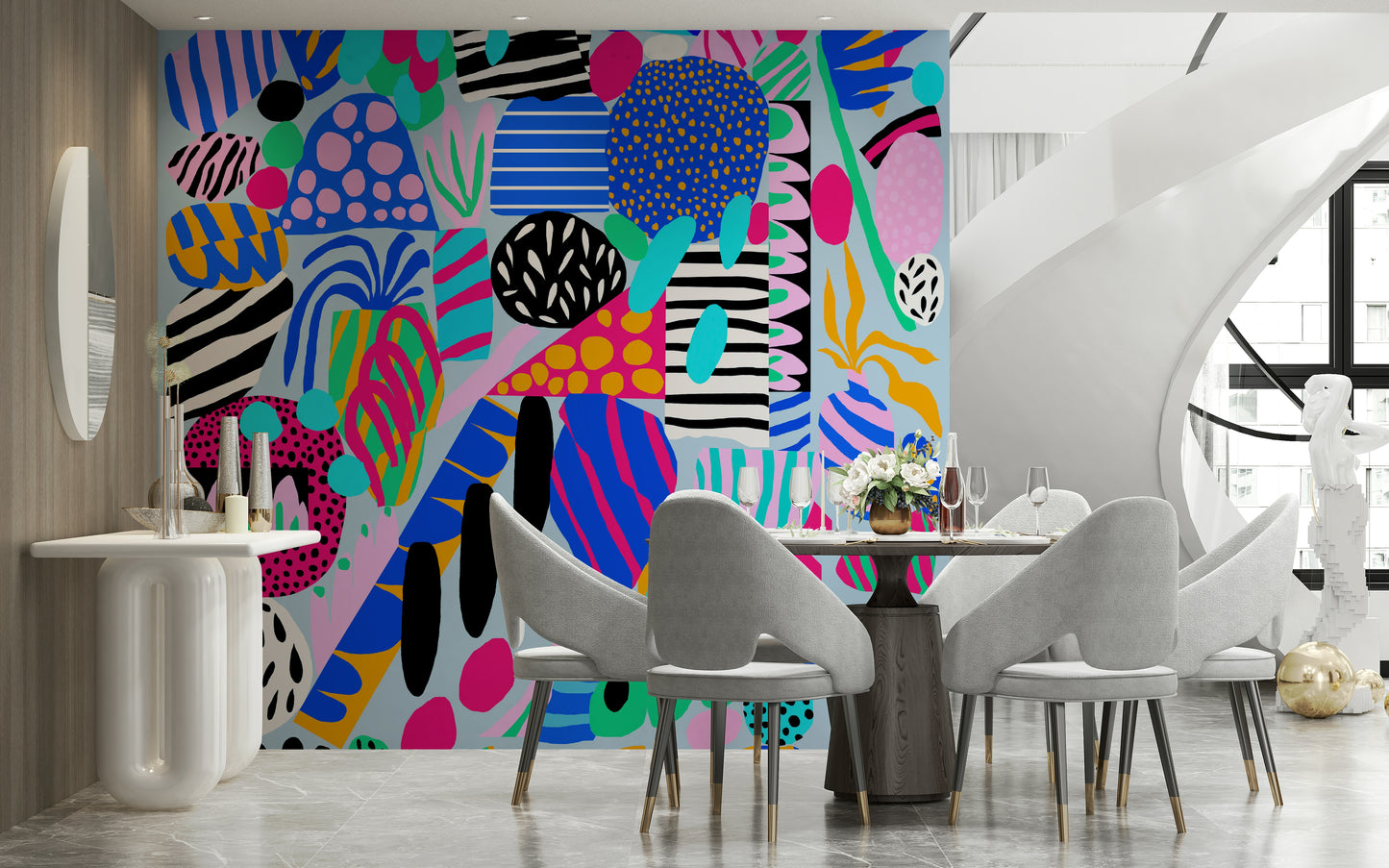 A bold party-inspired wallpaper with overlapping colorful elements and quirky graphic textures.