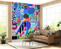 A festive wallpaper bursting with bright shapes, graphic patterns, and whimsical design elements.