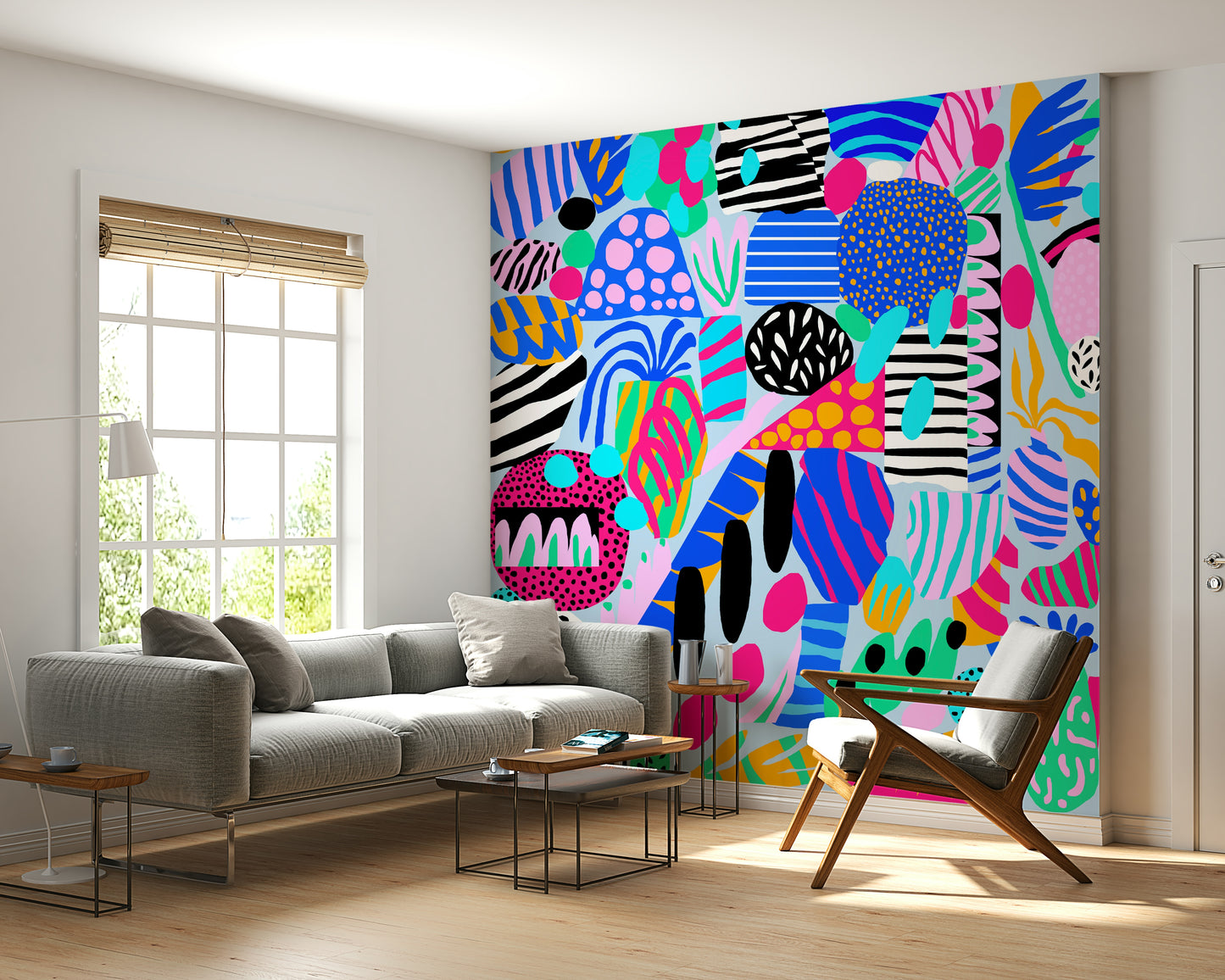 A lively wallpaper showcasing bold geometric and organic forms in a joyful mix of colors.