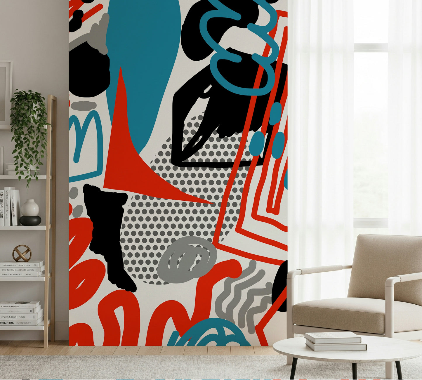 Freeform lines and textured dots creating a lively, artistic flow in this abstract wallpaper.