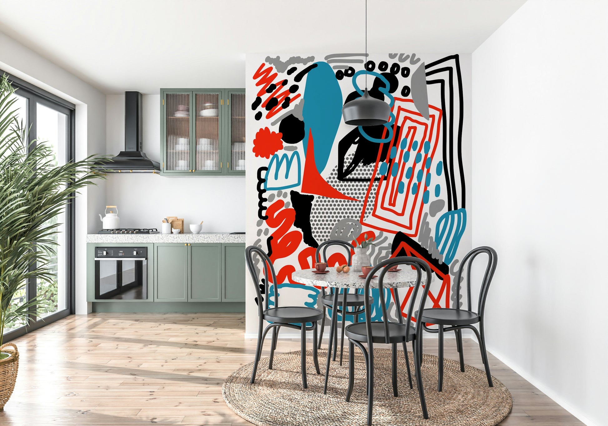 Expressive brush strokes and graphic doodles forming a lively abstract wallpaper design.