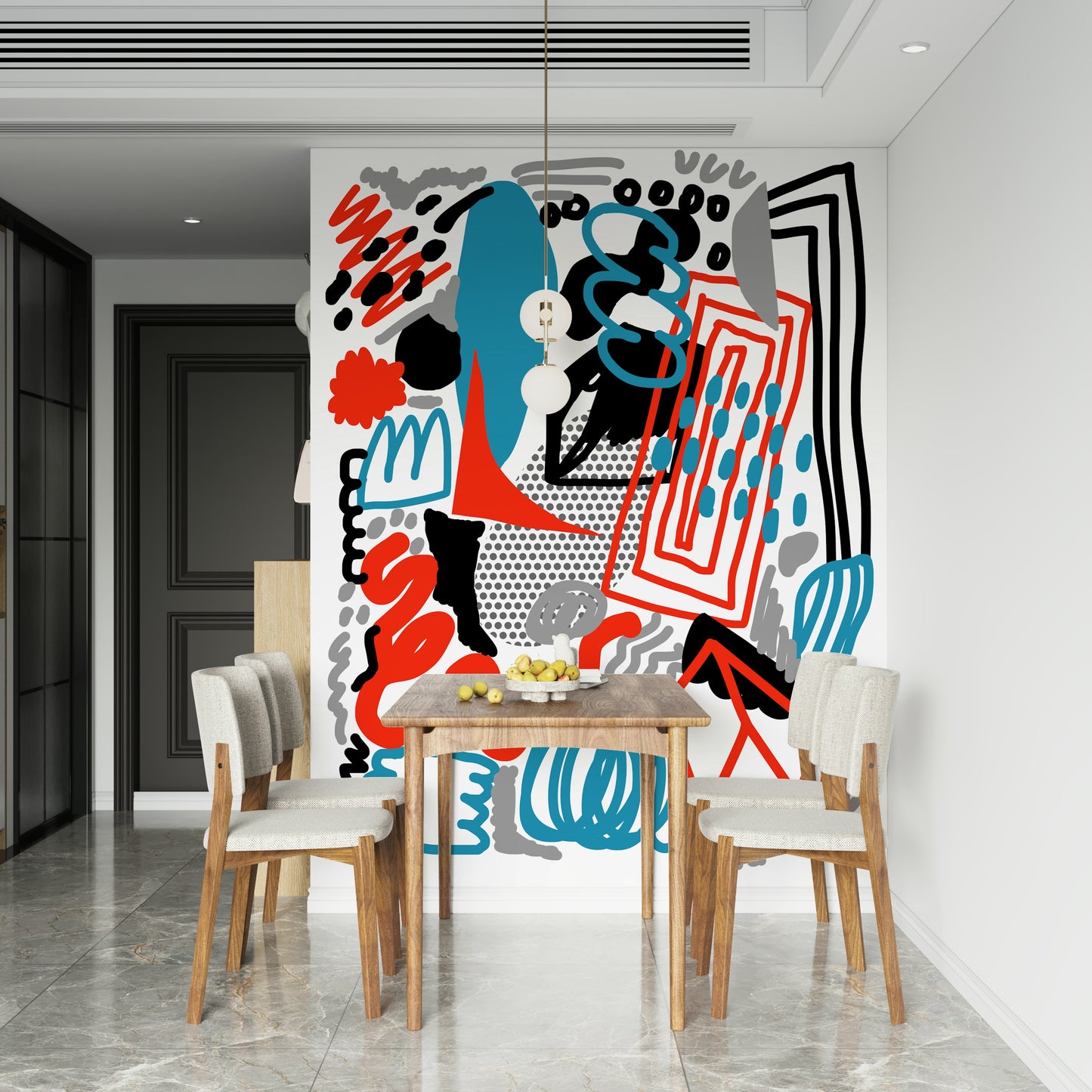 An abstract drawing flow wallpaper featuring bold teal, red, black, and grey shapes layered in a dynamic composition.