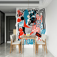 An abstract drawing flow wallpaper featuring bold teal, red, black, and grey shapes layered in a dynamic composition.