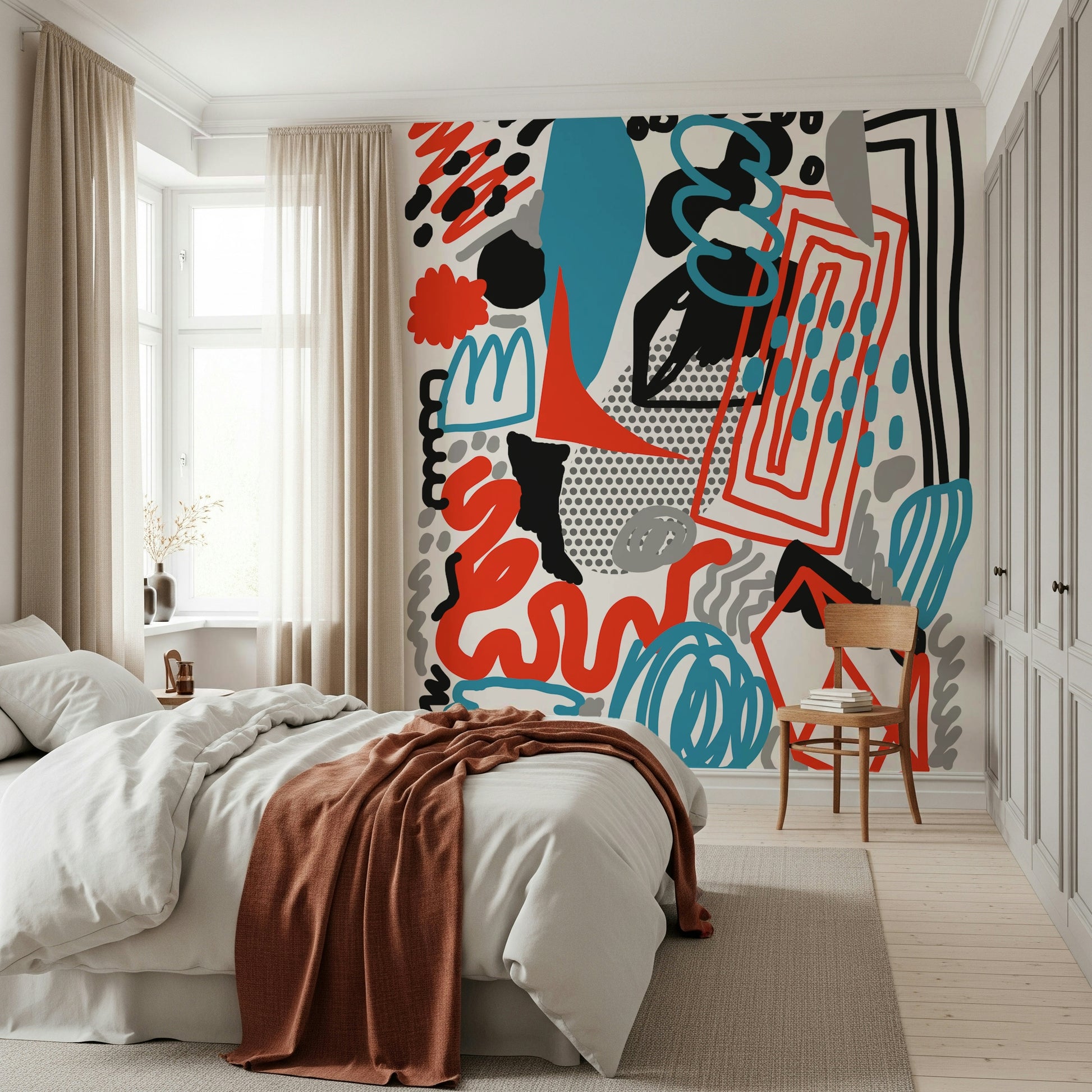 Textured dots, sweeping curves, and bold outlines blending into an energetic abstract wallpaper.