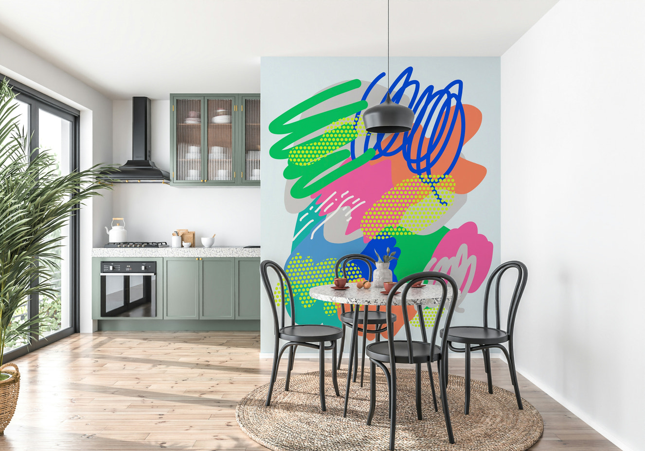 Multicolored scribbles and layered shapes creating a lively modern art wallpaper design.