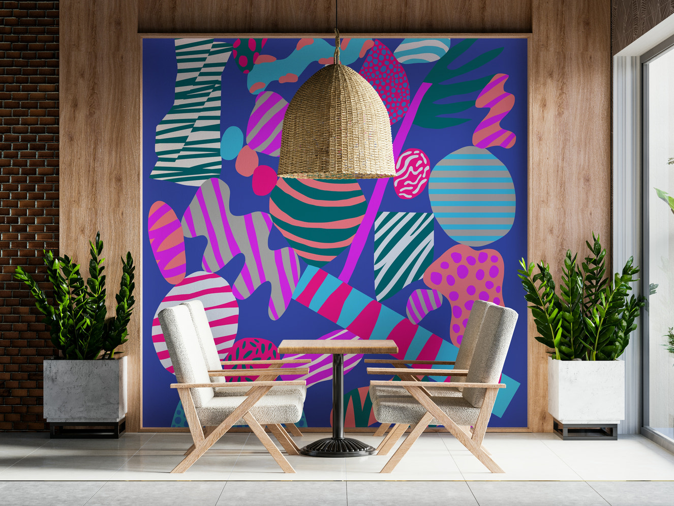 A vibrant groovy geometry wallpaper featuring bold abstract shapes in teal, pink, and purple tones.
