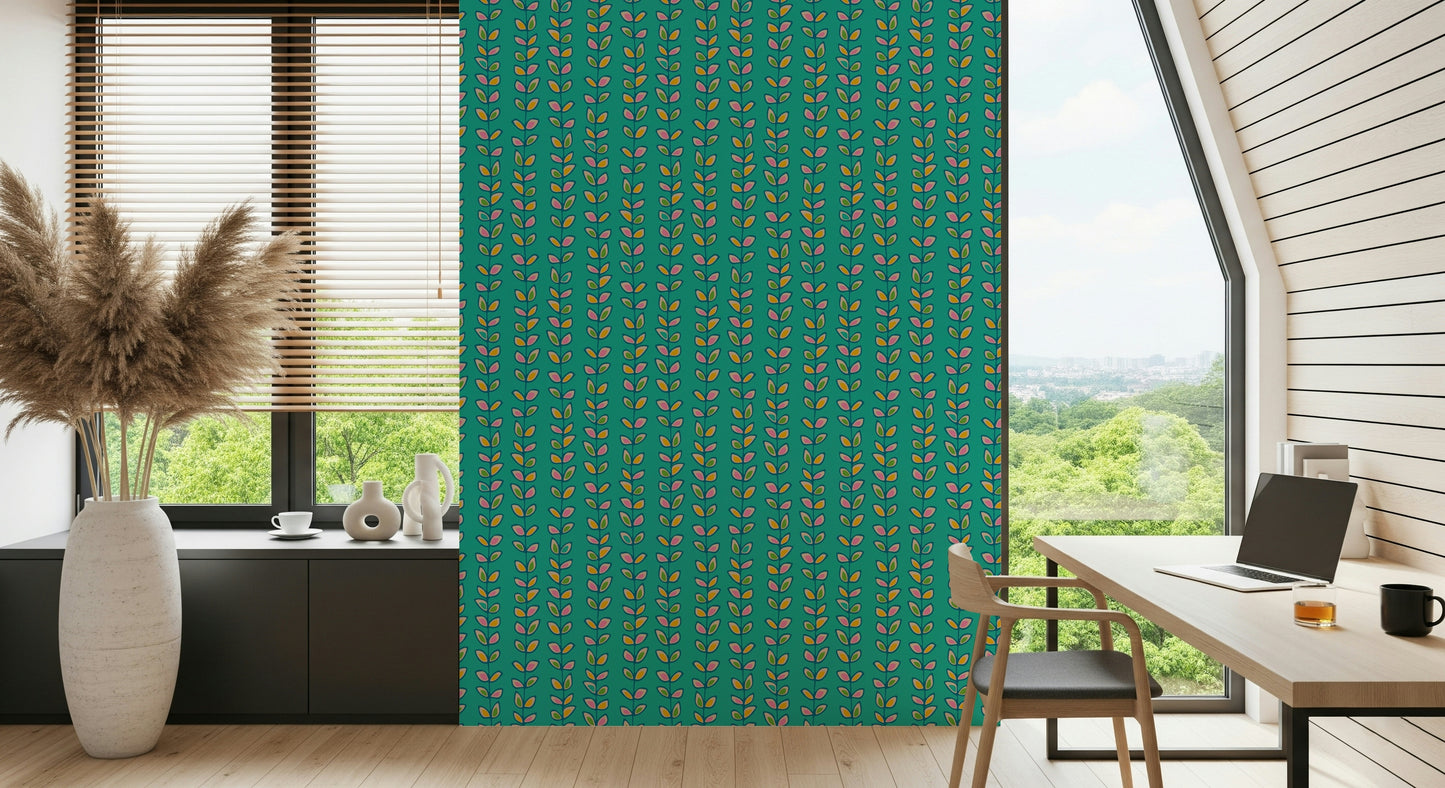 A patterned retro wallpaper with bright stylized leaves climbing neatly along turquoise stripes.