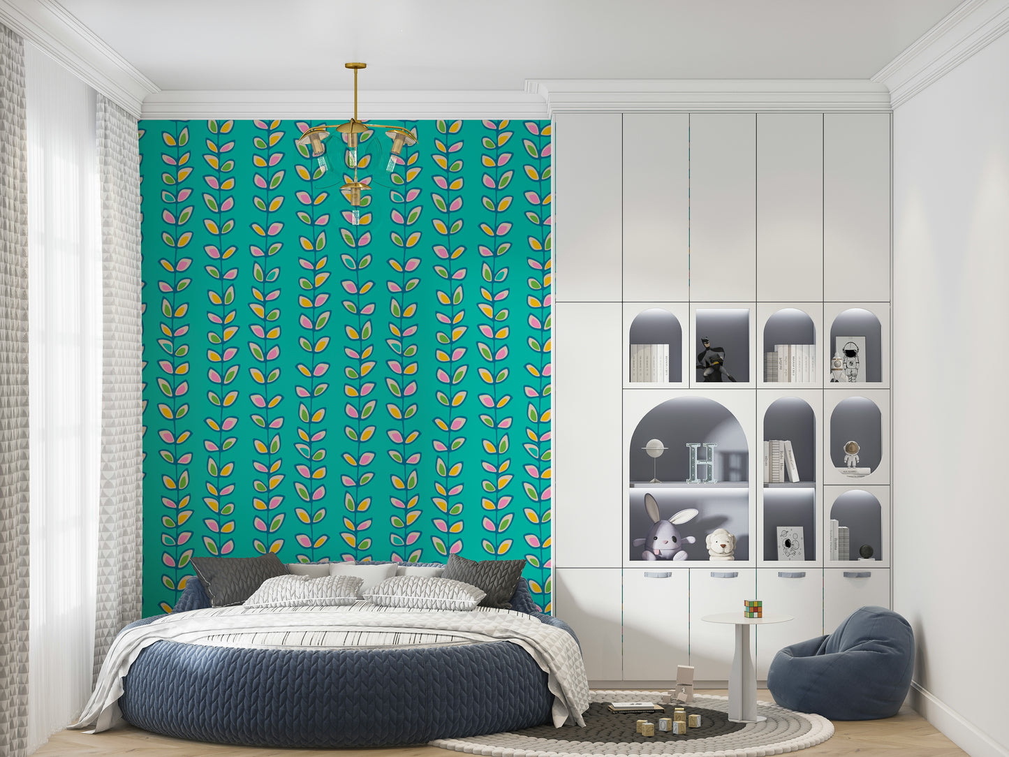 Vertical climbing vines with whimsical retro leaf shapes enhancing the playful turquoise wallpaper.