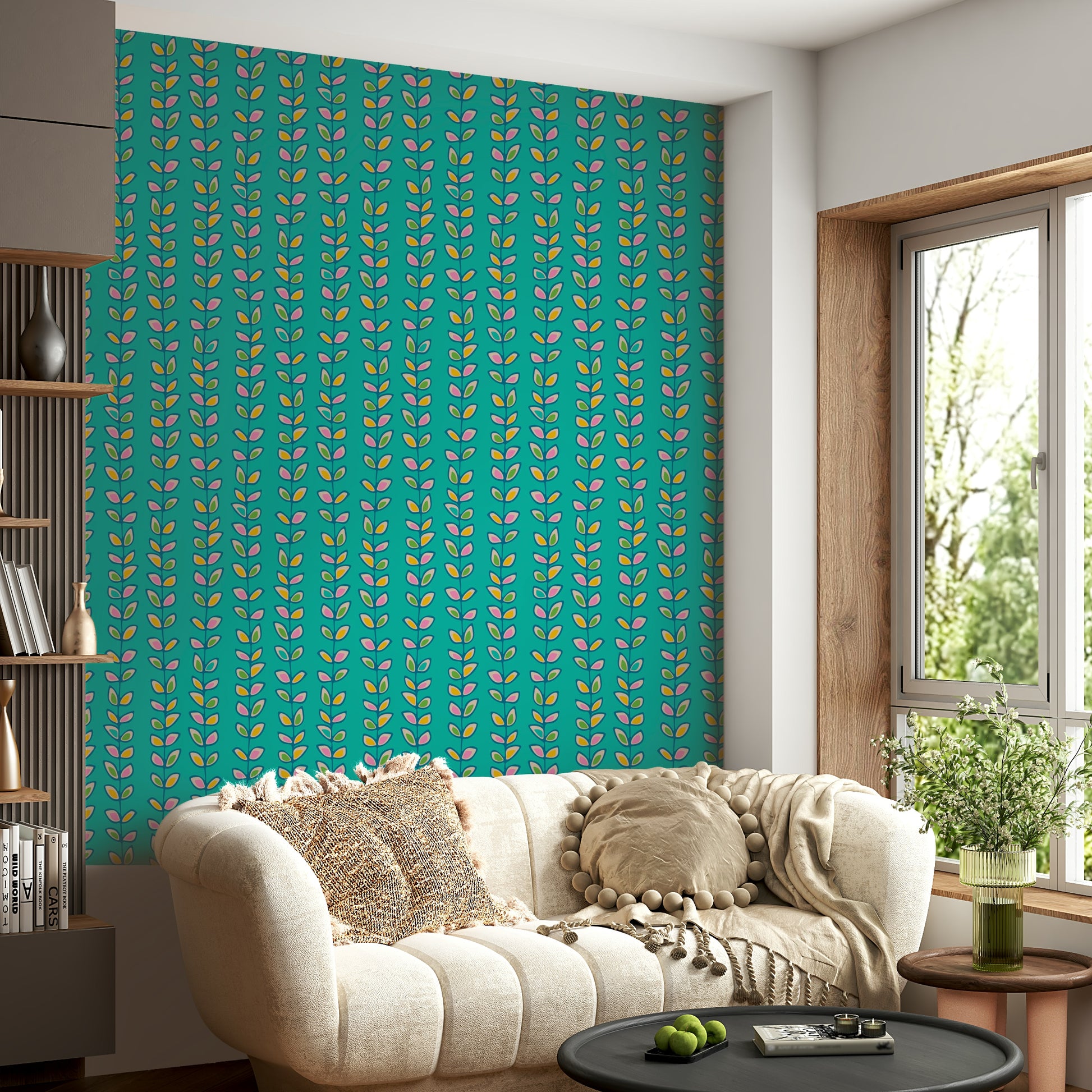 Striped vine motifs with pink, yellow, and green leaves creating a playful retro wallpaper on turquoise.