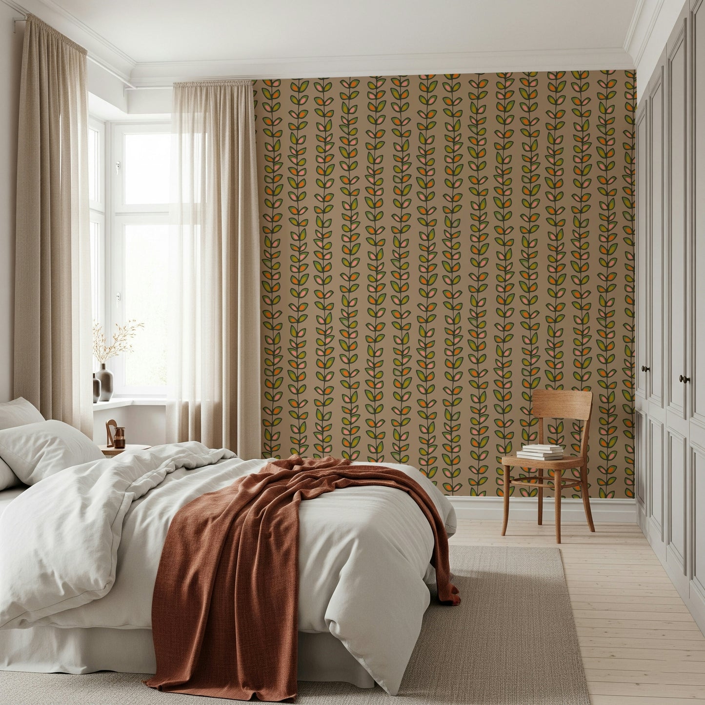 Vertical vine stripes with outlined retro leaves adding a nostalgic look to the warm beige wallpaper.