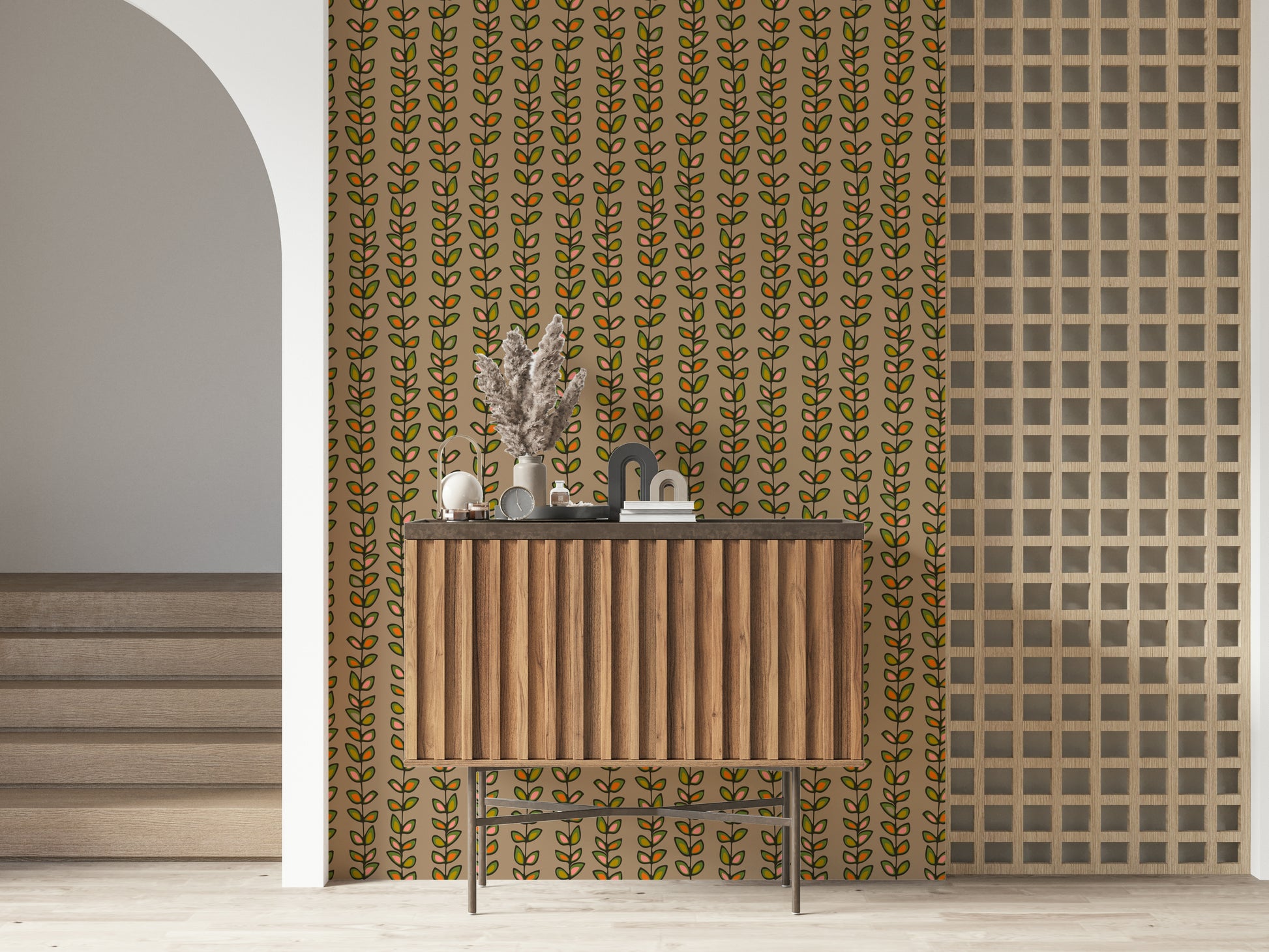 A warm-toned wallpaper featuring hand-drawn leaves rising along neat retro vine stripes.