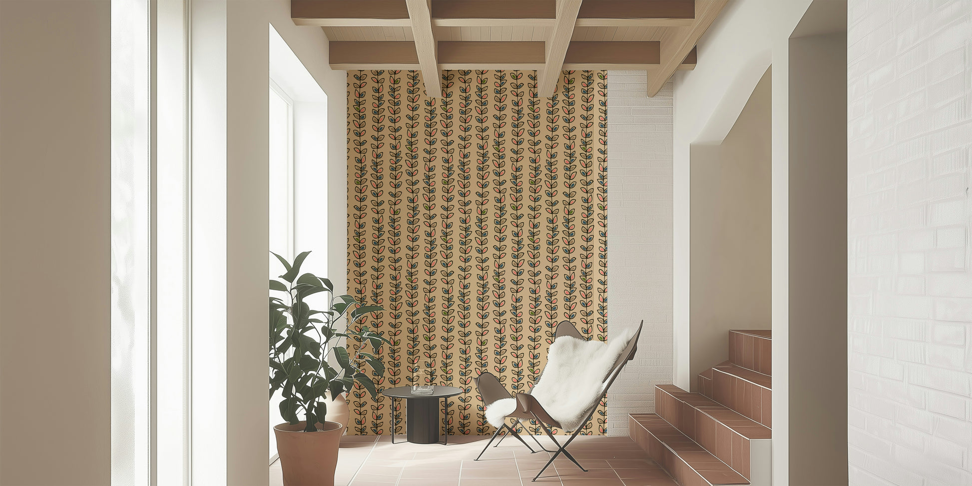 Striped vine motifs with blue, pink, and green leaves creating a playful retro wallpaper look.
