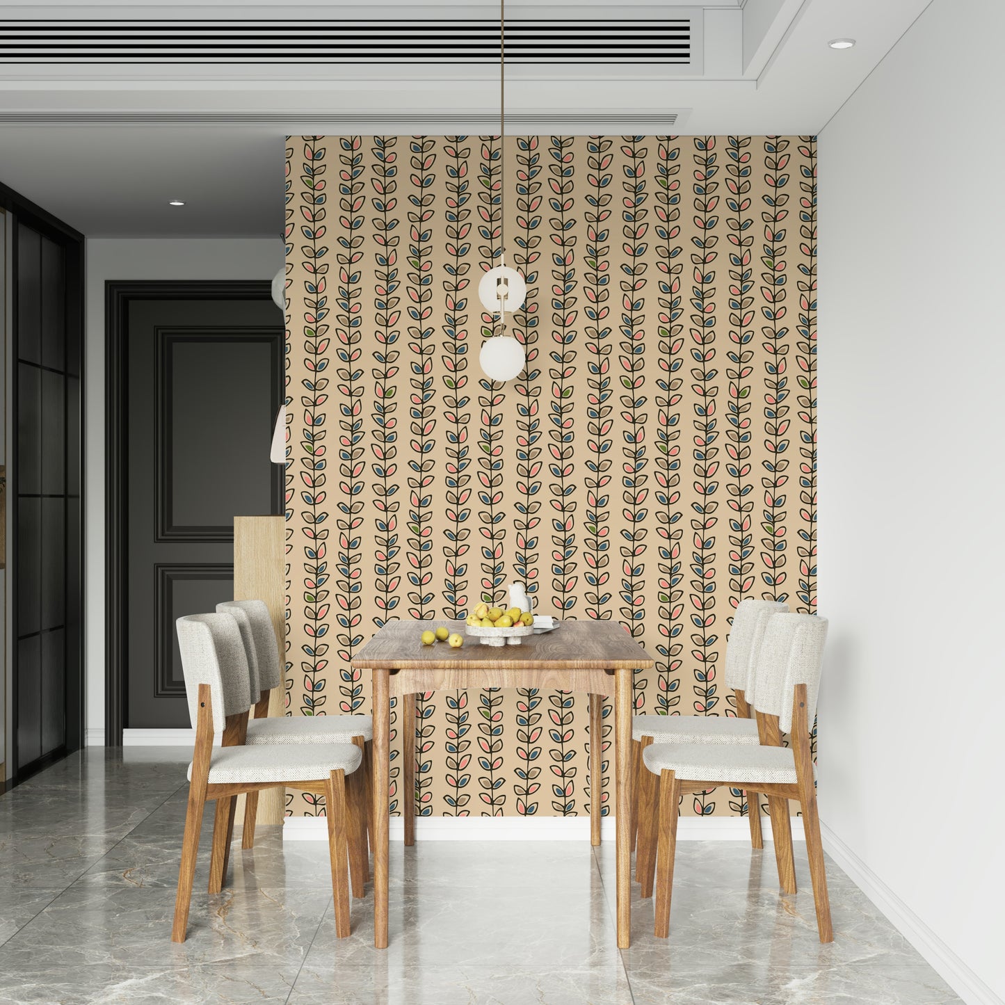 Cream wallpaper decorated with repeating retro leaves rising along narrow botanical stripes.