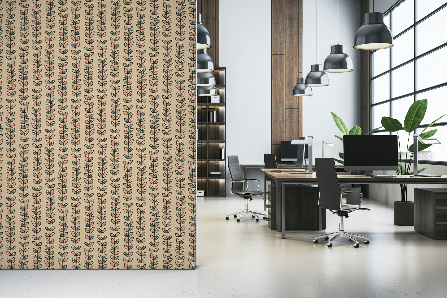 A cream wallpaper decorated with repeating vertical vines and bold outlined retro-style leaves.