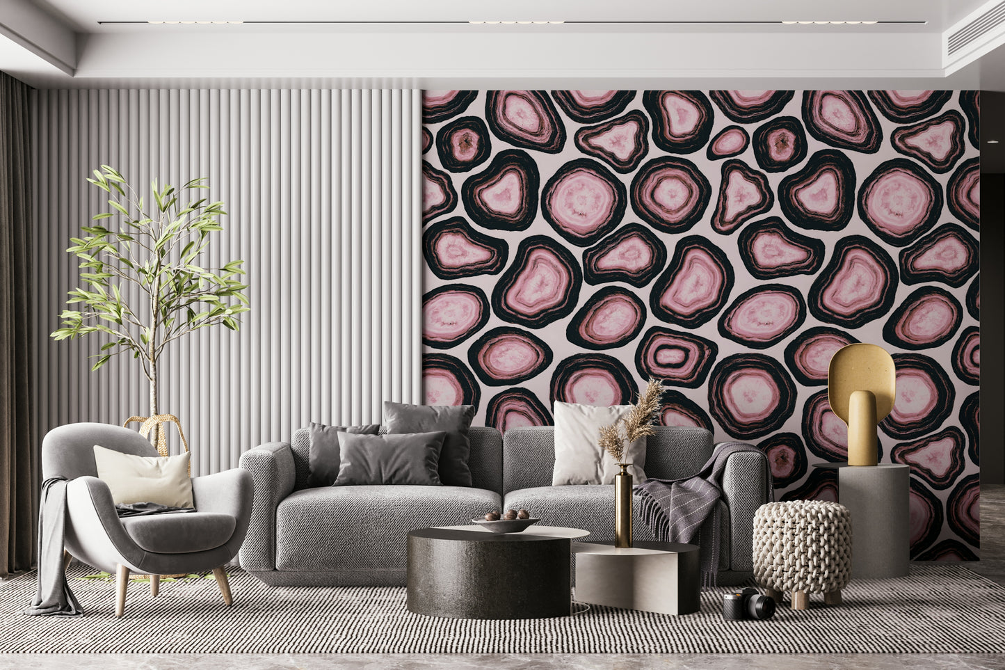 A seamless wallpaper with pink geode-style formations outlined in bold dark rings.