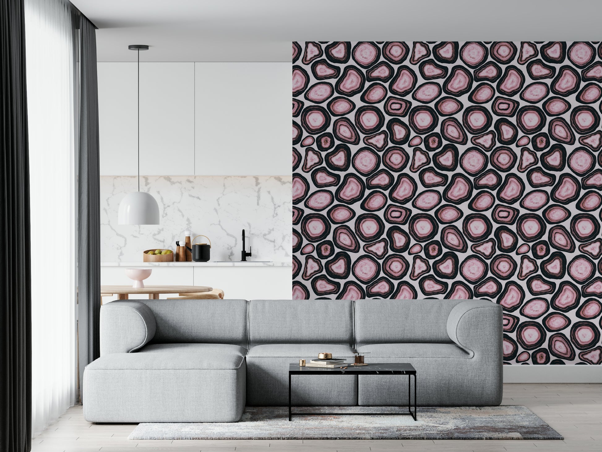 A pink agate wallpaper displaying polished mineral shapes in a repeating gemstone pattern.