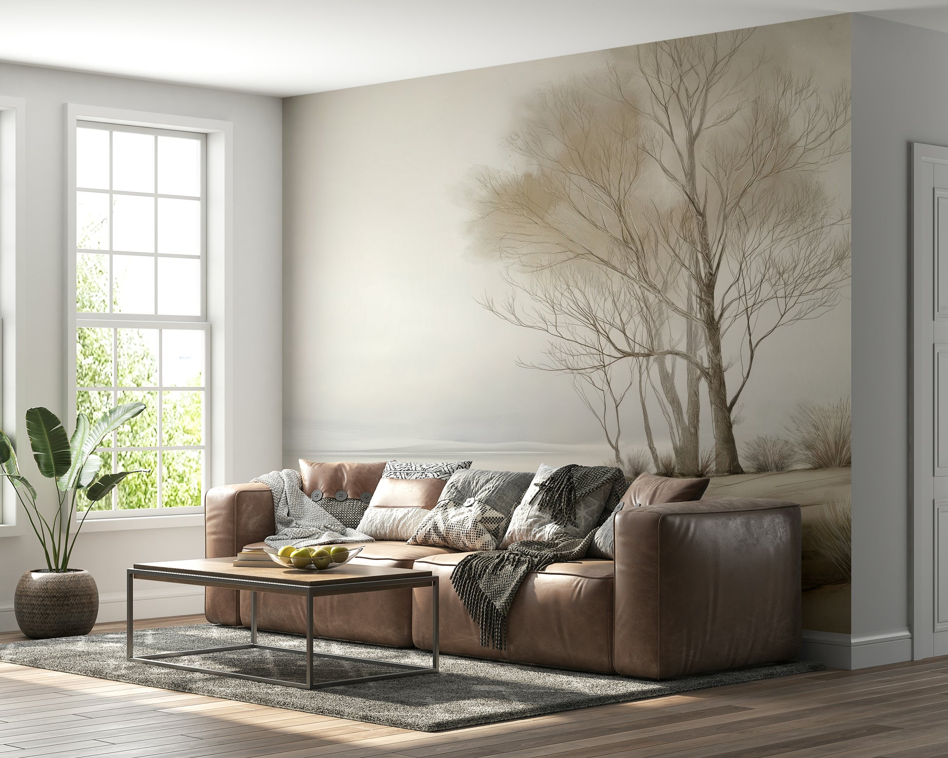 A minimal winter shoreline wallpaper showing pale trees fading into a misty horizon.