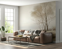 A minimal winter shoreline wallpaper showing pale trees fading into a misty horizon.