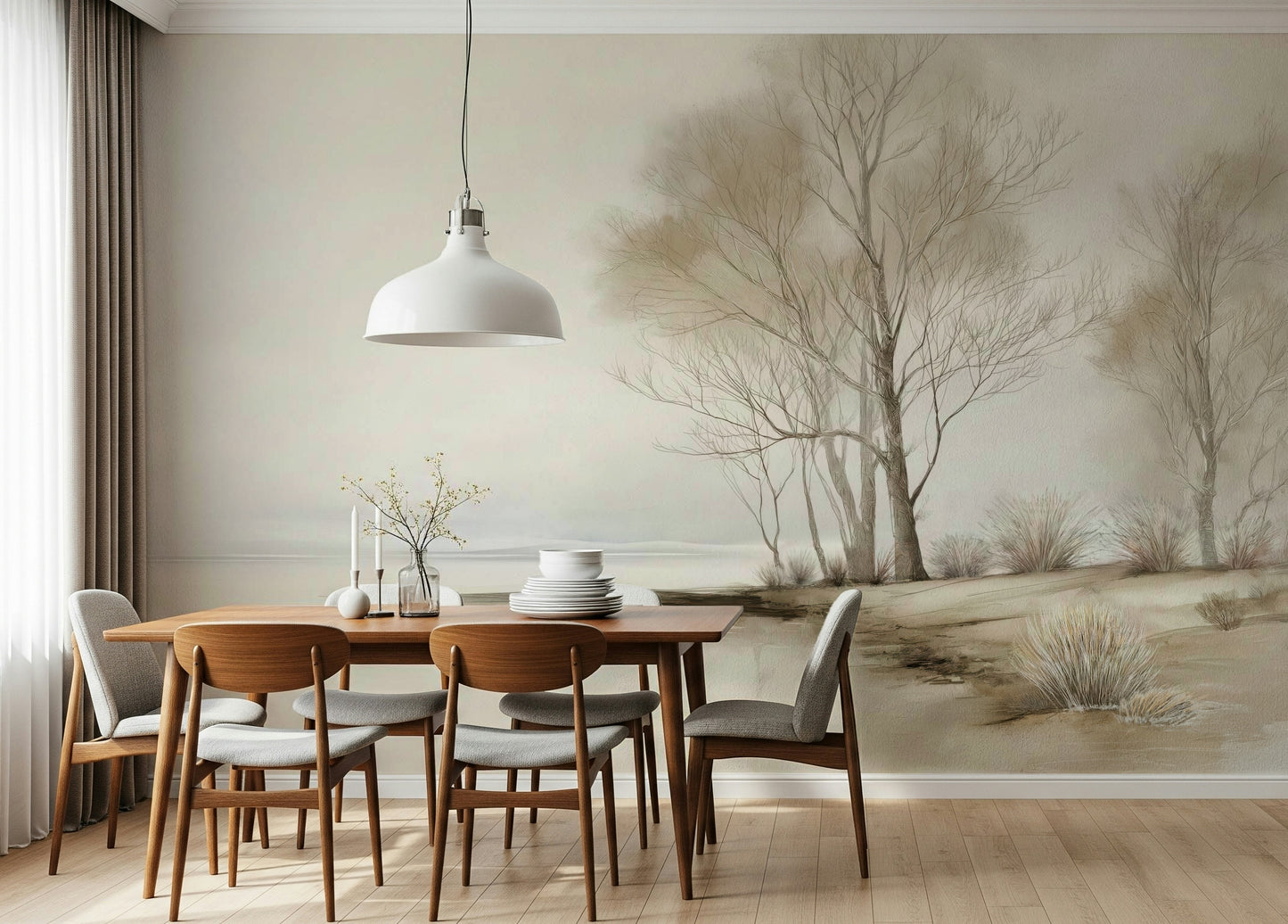 A serene winter shoreline wallpaper featuring soft, misty trees along a quiet coastal landscape.