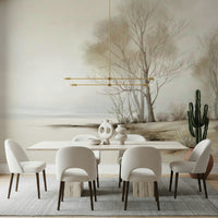 A peaceful winter forest wallpaper set along a quiet shoreline with soft earthy tones.