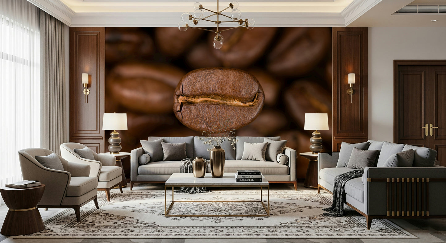 This wallpaper brings a rustic, aromatic charm to the room through its close-up composition of roasted coffee beans.