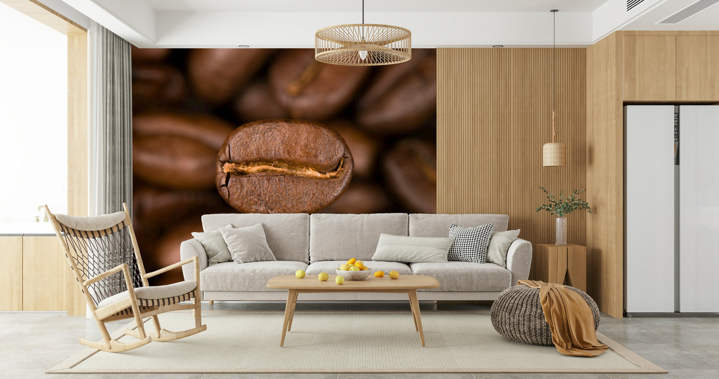 A textured wallpaper featuring detailed coffee beans, ideal for creating a cozy and inviting environment.