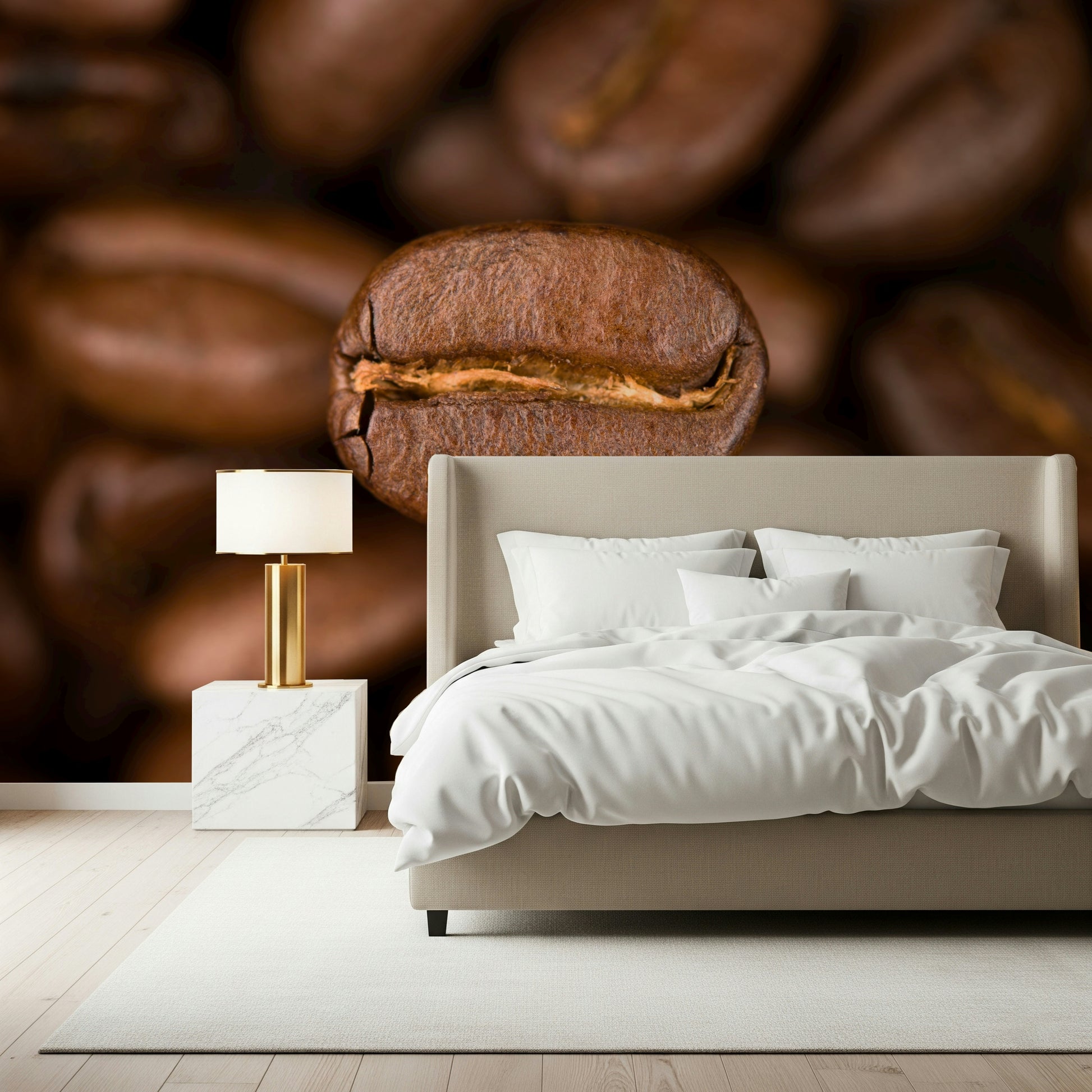 The wallpaper uses depth-of-field effects to make a single coffee bean stand out against a soft, blurred background.