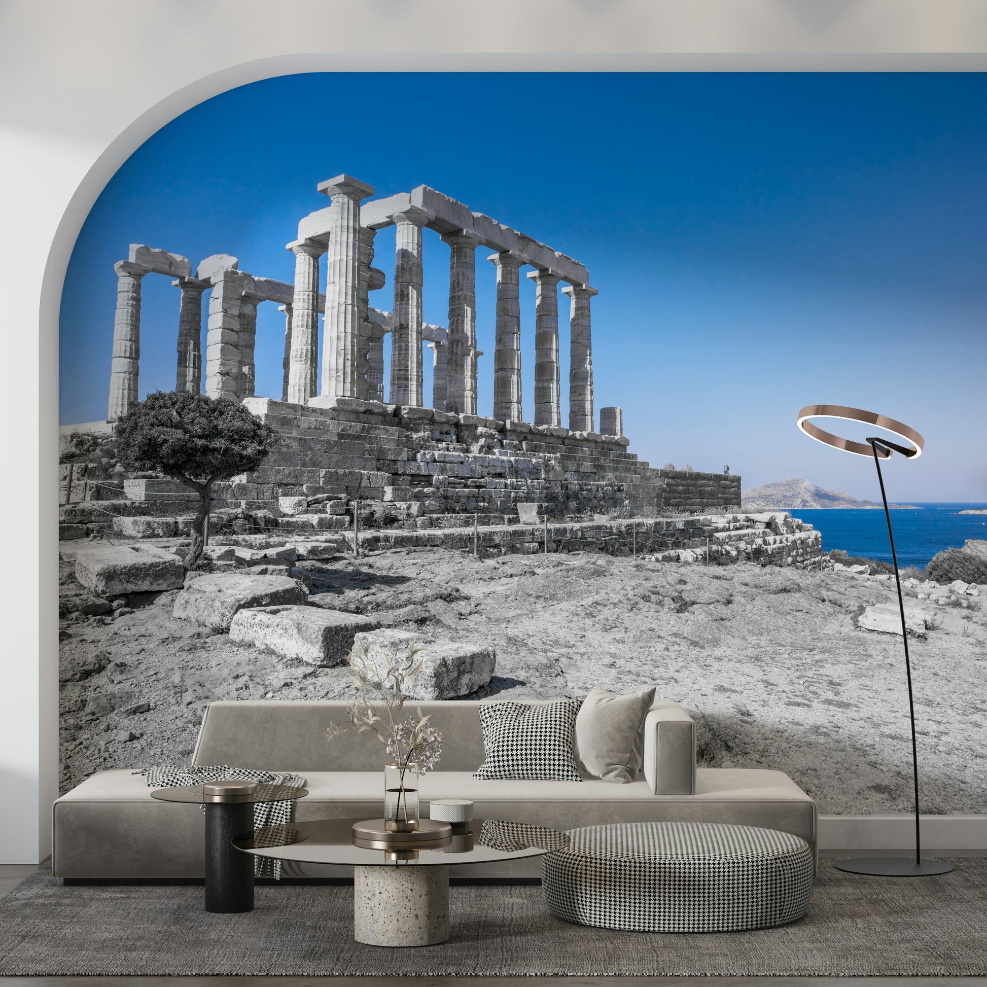 This wallpaper presents the ruins of the Poseidon Temple bathed in sunlight with a vivid coastal horizon.