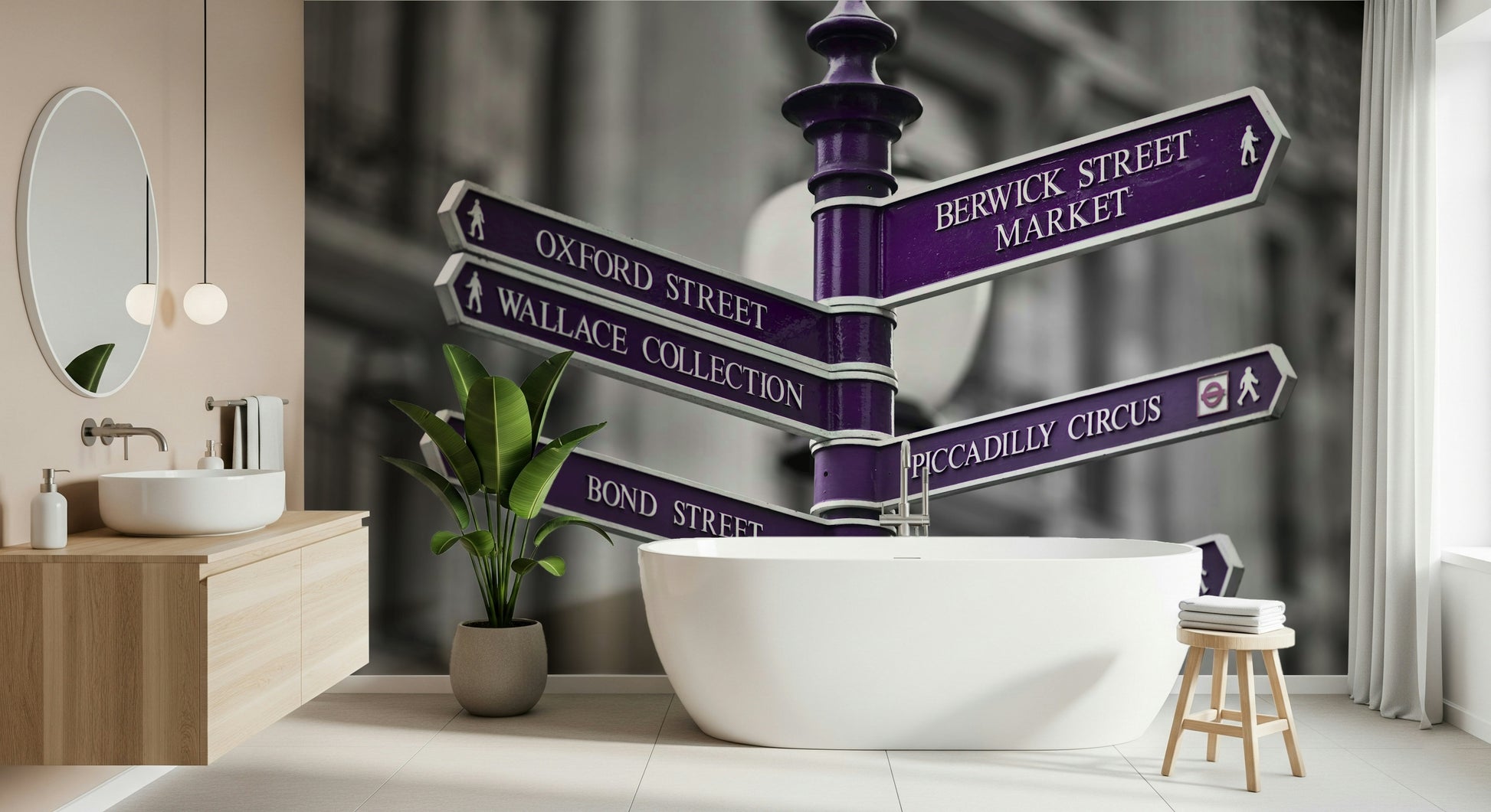 A stylish wallpaper featuring purple signboards pointing toward London favorites like Carnaby Street and Bond Street.