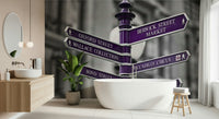 A stylish wallpaper featuring purple signboards pointing toward London favorites like Carnaby Street and Bond Street.