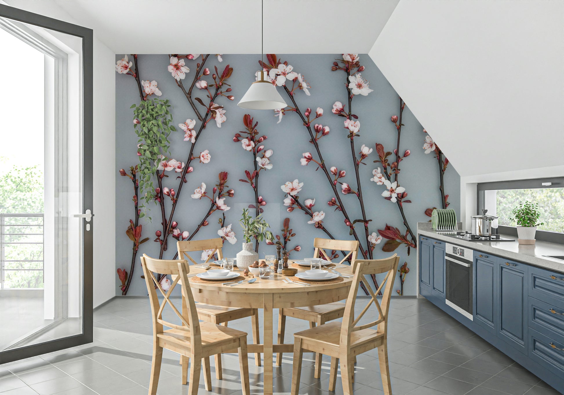 The wallpaper highlights elegant cherry blossoms arranged on dark branches for a refined floral look.
