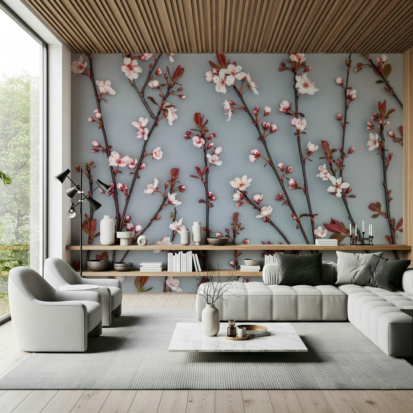 A stylish wallpaper featuring blooming cherry plants that create a calm and romantic atmosphere.