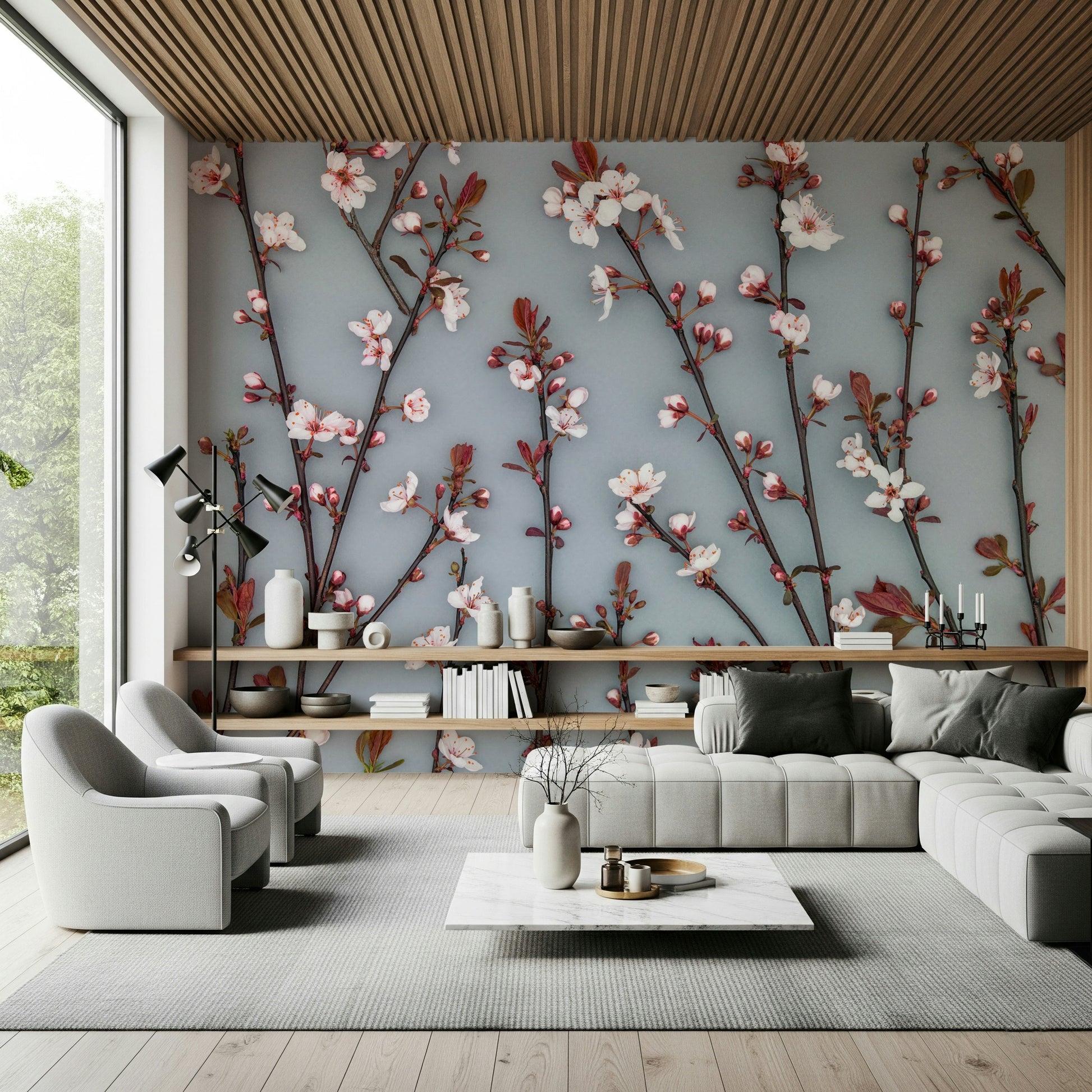 A stylish wallpaper featuring blooming cherry plants that create a calm and romantic atmosphere.