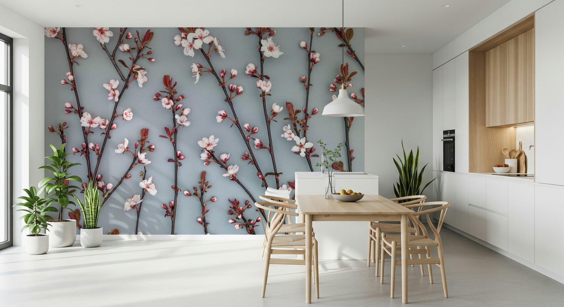 This wallpaper presents ornamental cherry branches rising gracefully with detailed flowers and buds.