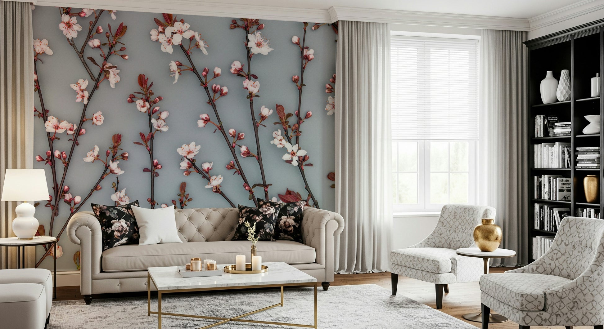 A modern wallpaper showing vertical cherry branches that add a natural, artistic elegance to the wall.