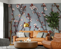 This wallpaper offers a soft display of cherry blossoms scattered along slender stems over a cool-toned background.