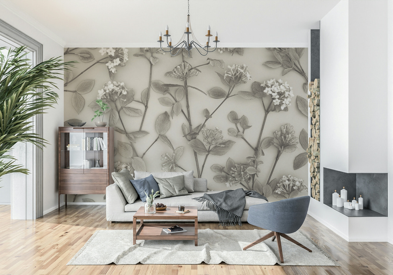 This wallpaper features delicate spring blossoms sketched in soft, muted tones for an elegant look.