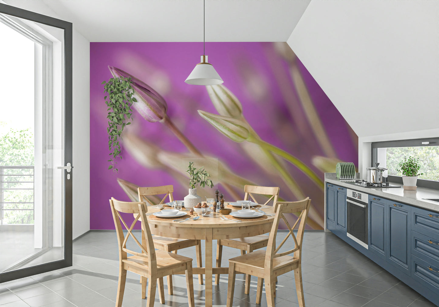 The wallpaper highlights elegant purple alliums with a beautifully blurred, pastel-toned backdrop.
