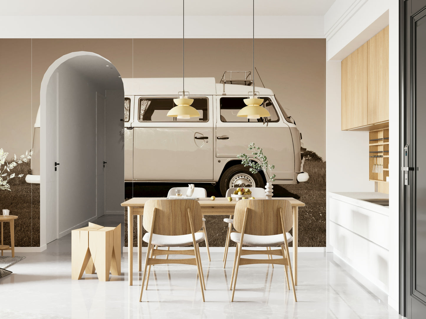 This wallpaper highlights a vintage camper van in profile, bringing retro adventure energy to the room.