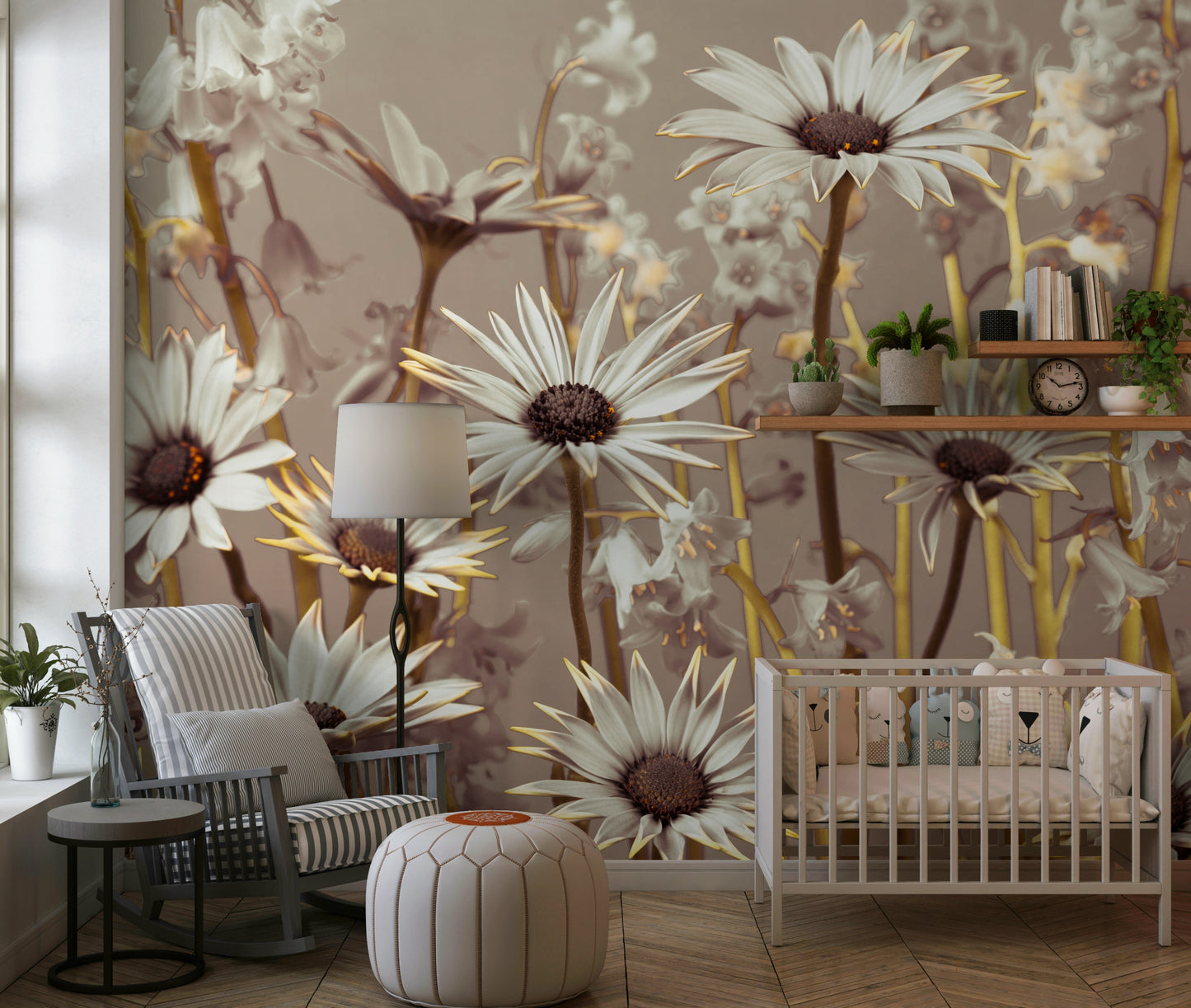 Romantic daisy wallpaper with detailed petals and warm golden stems set against a soft backdrop.