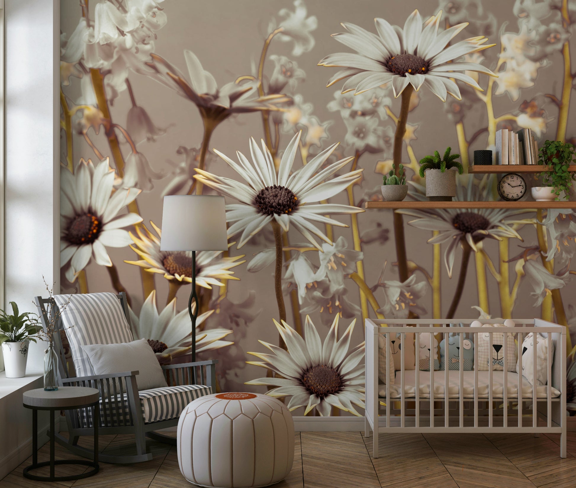 Romantic daisy wallpaper with detailed petals and warm golden stems set against a soft backdrop.