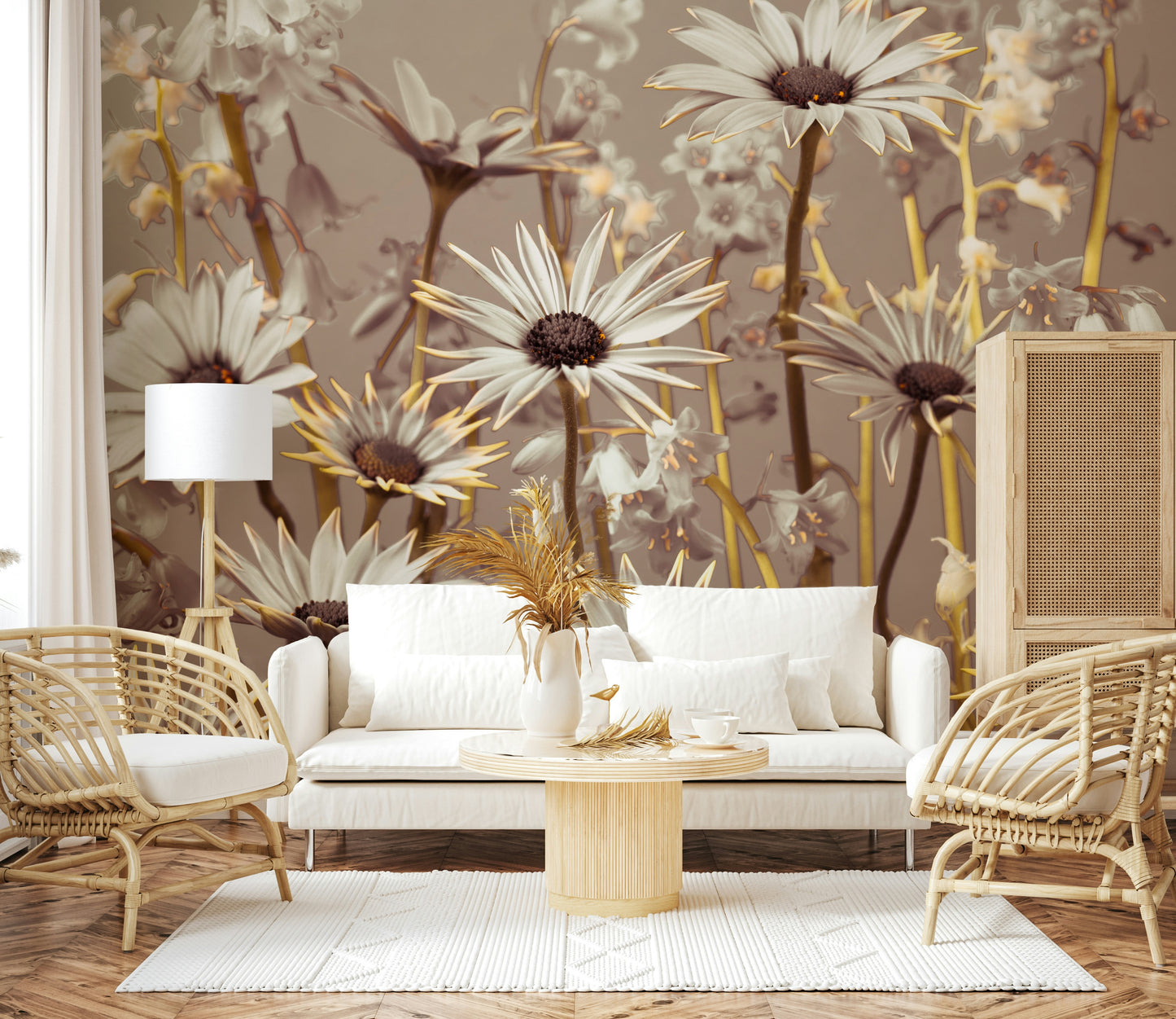 Nature-inspired wallpaper featuring graceful daisies layered over gentle beige and taupe tones.