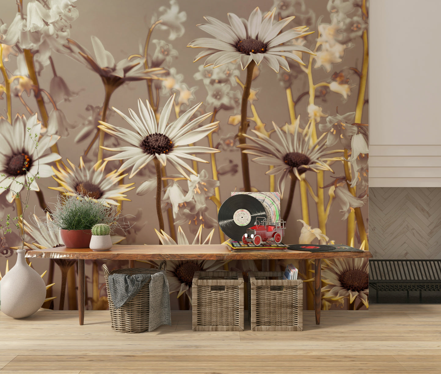 Decorative wallpaper with blooming daisies and subtle wildflower accents in earthy hues.