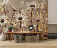 Decorative wallpaper with blooming daisies and subtle wildflower accents in earthy hues.