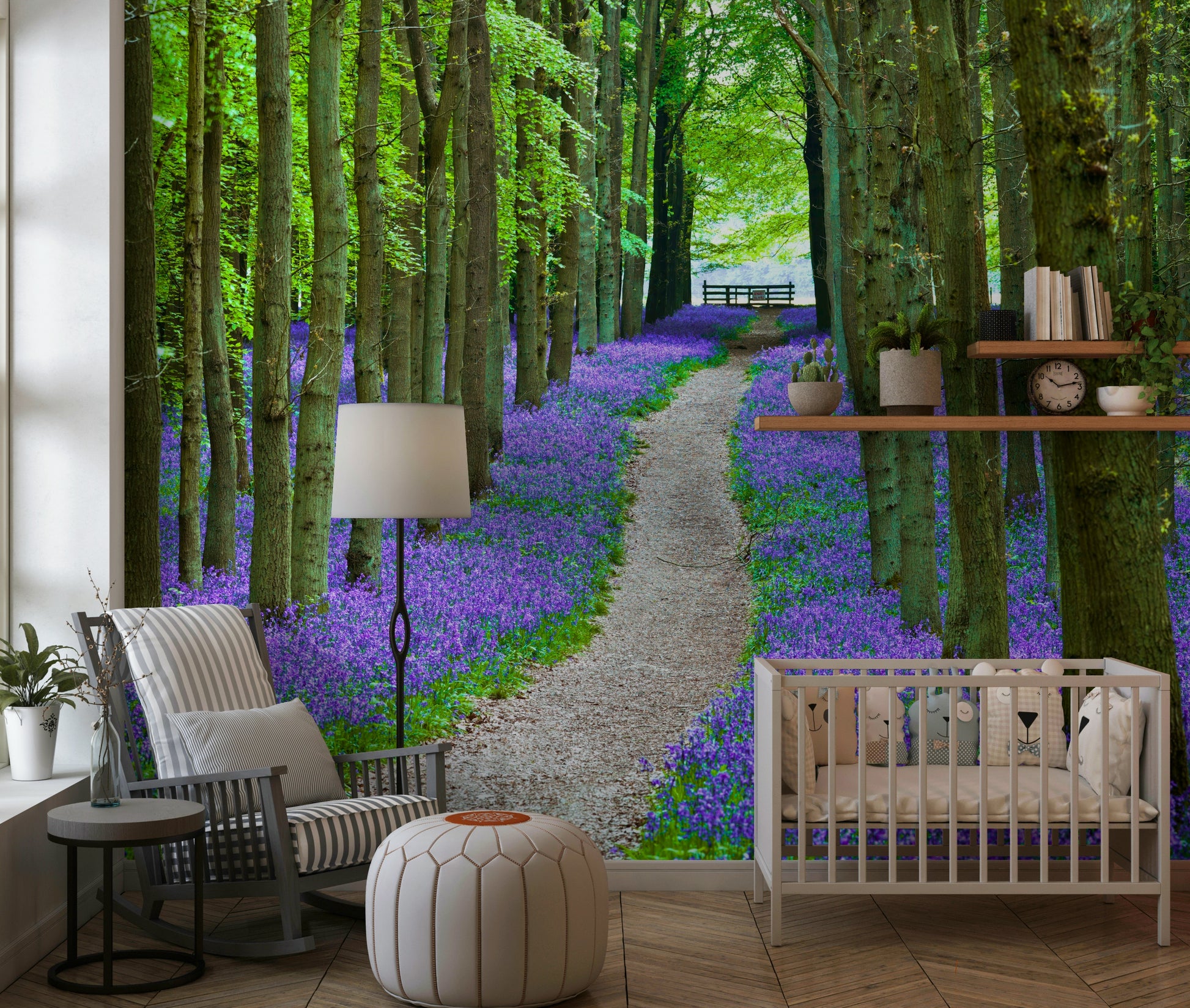 Woodland wallpaper featuring a tranquil path leading through fields of blooming bluebells.