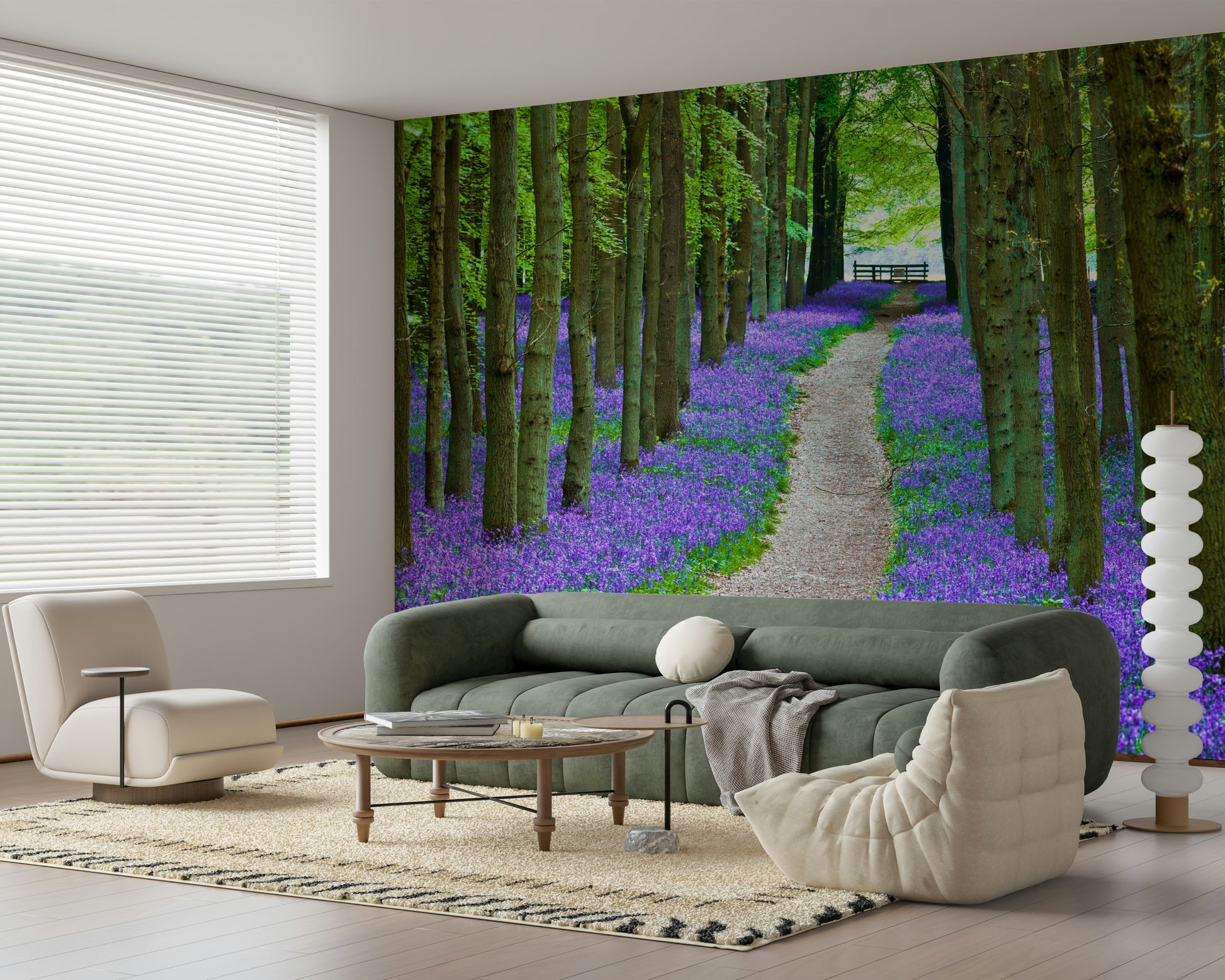 Forest wallpaper depicting a serene trail surrounded by dense bluebell blossoms.