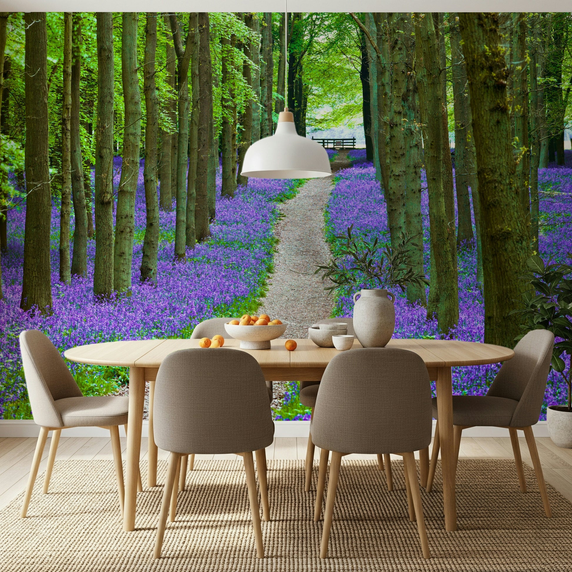 Enchanting bluebell wallpaper with a lush woodland setting and a soft gravel pathway.
